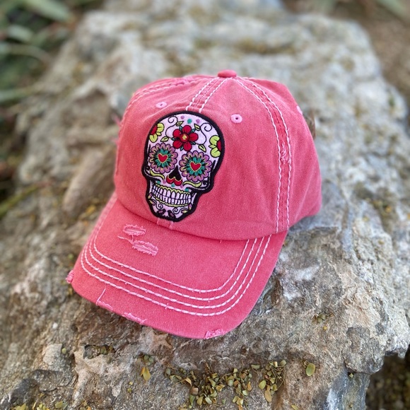 ⭐️NWT SUGAR SKULL DISTRESSED HAT in Salmon Pink - Picture 5 of 7